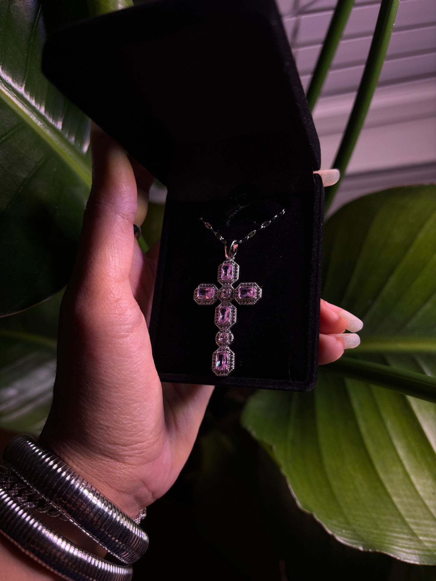 Silver & Pink Cross Necklace