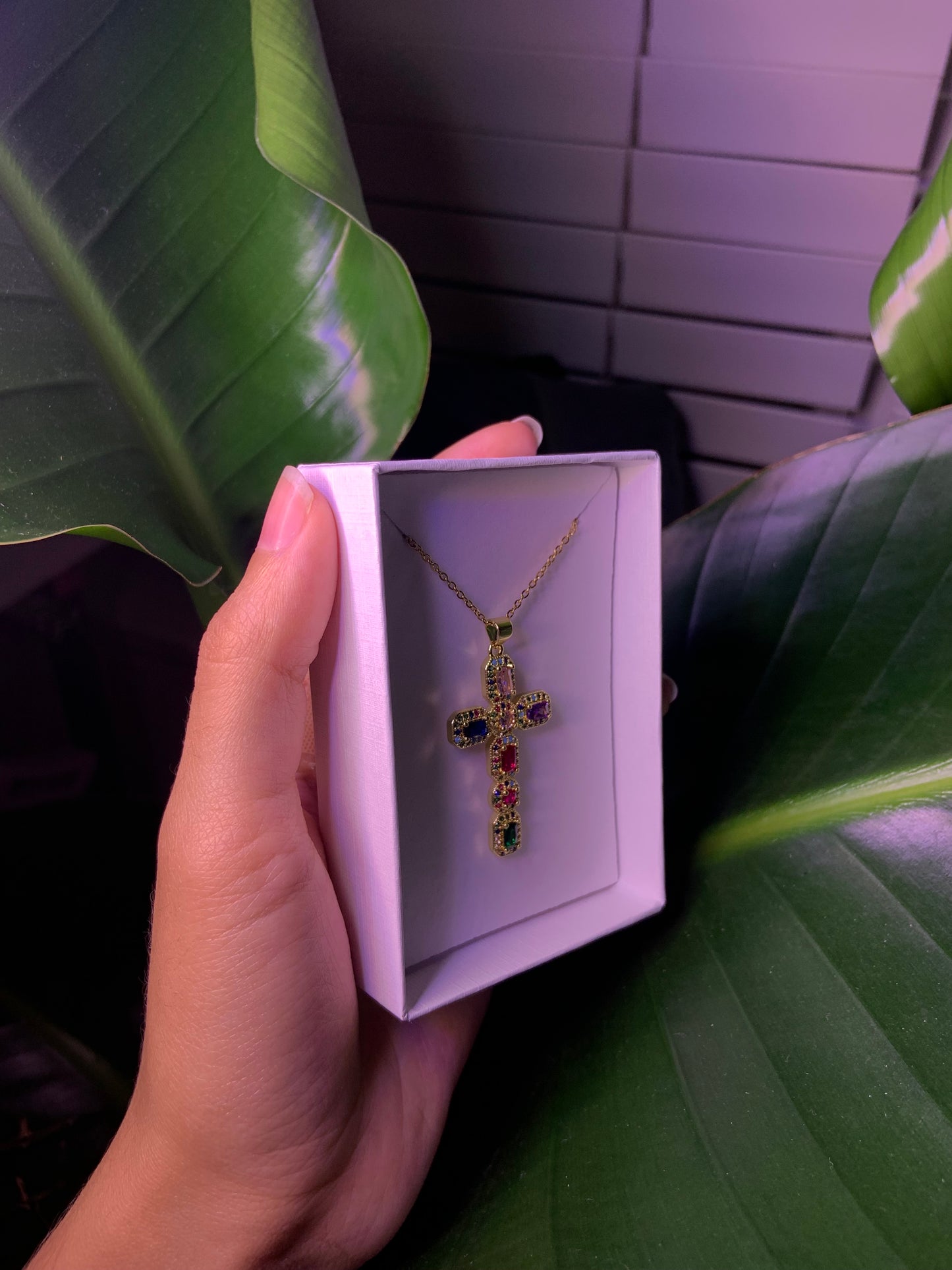 Golden Stained Glass Cross Necklace