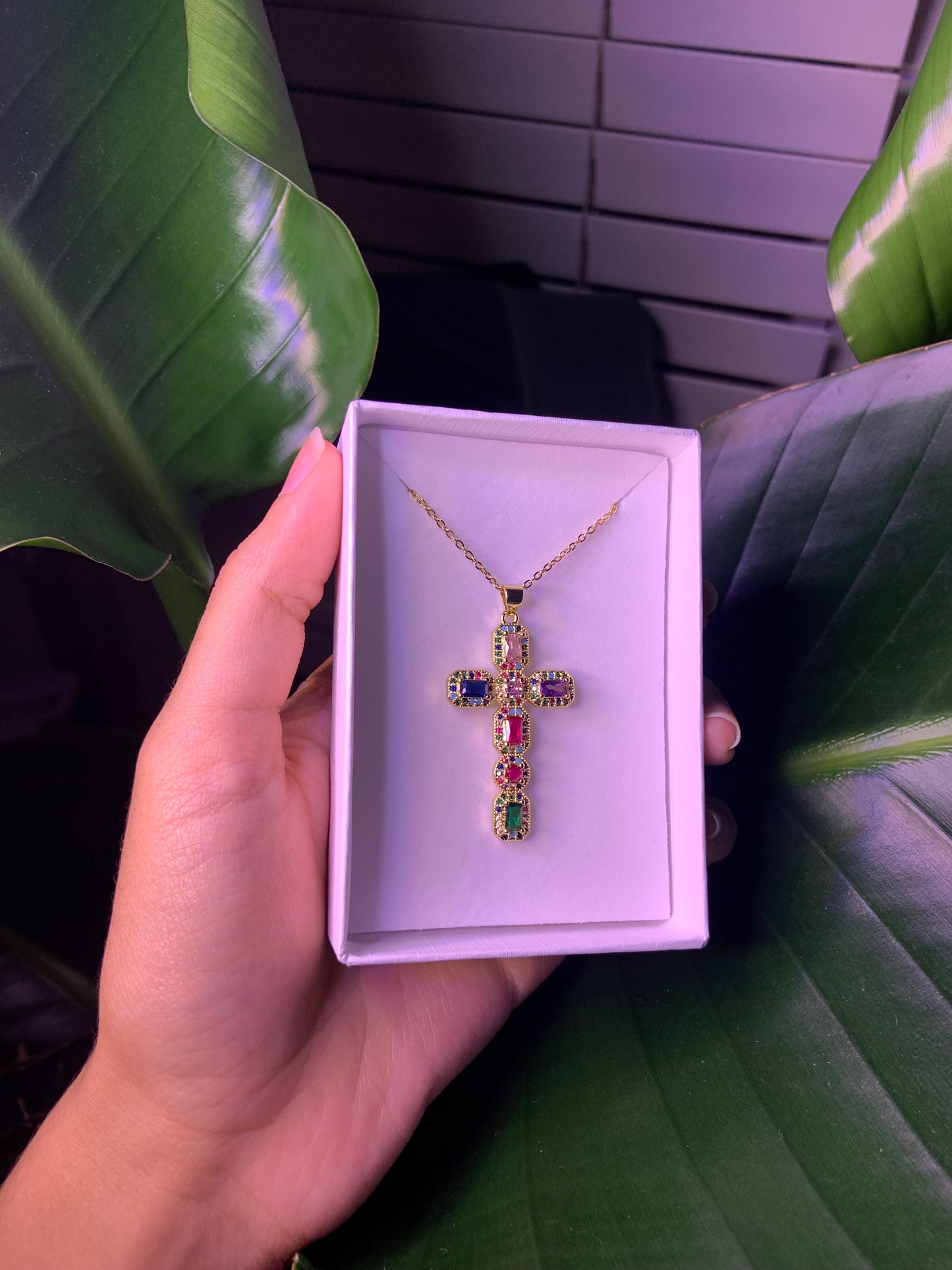 Golden Stained Glass Cross Necklace