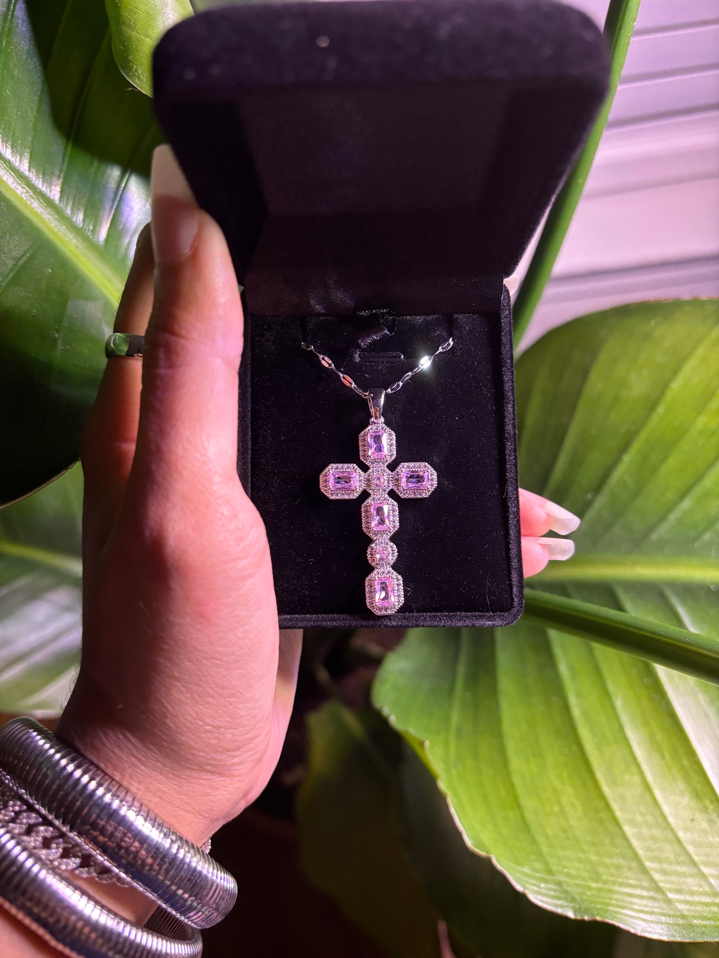 Silver & Pink Cross Necklace