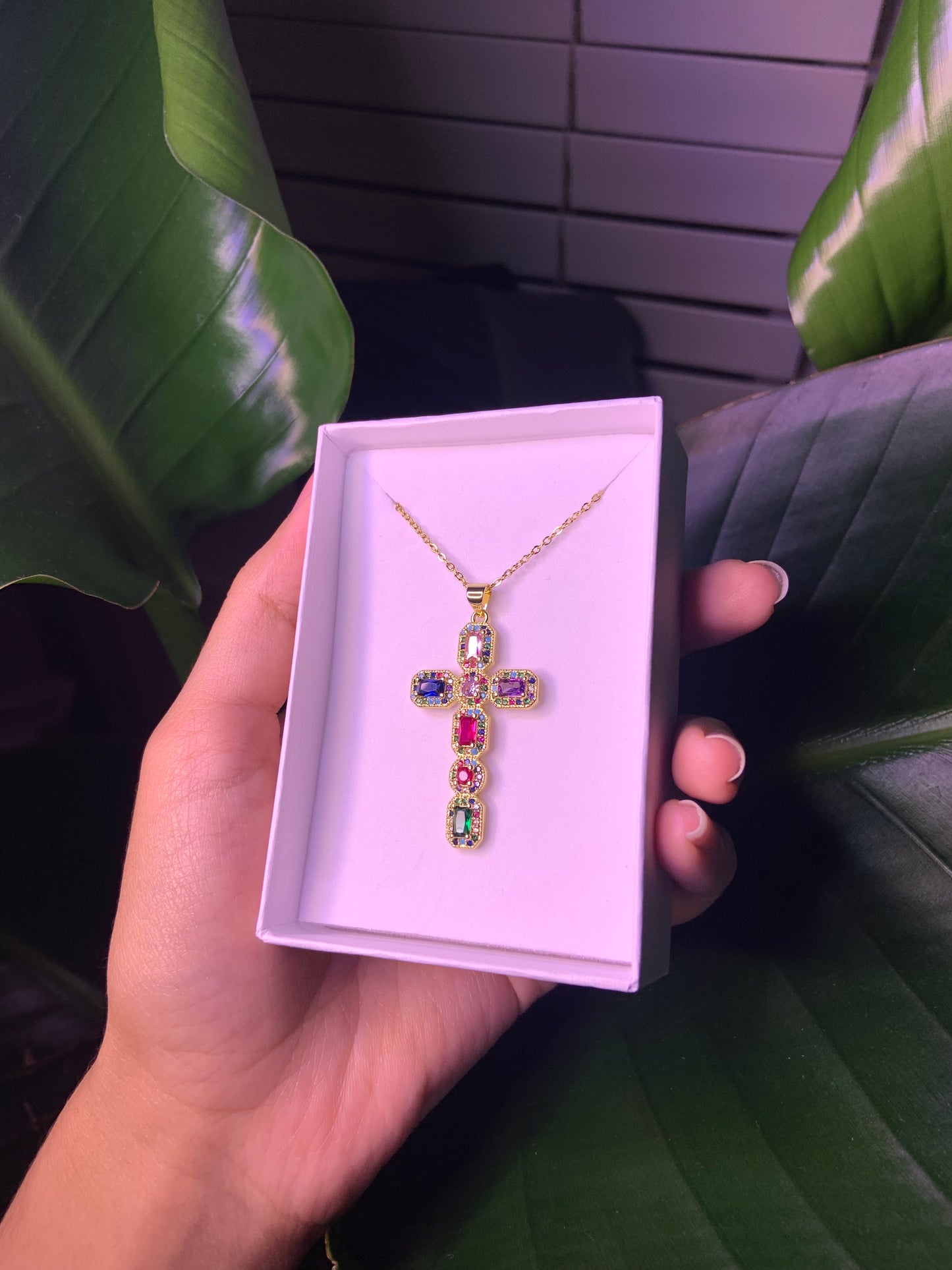 Golden Stained Glass Cross Necklace
