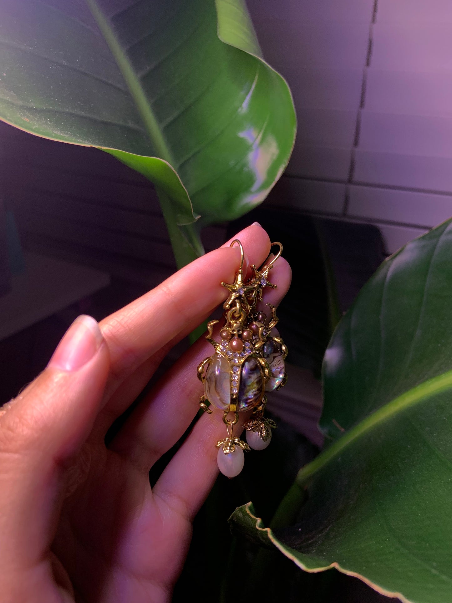 Chrome Gold Crystal Beetle Earrings