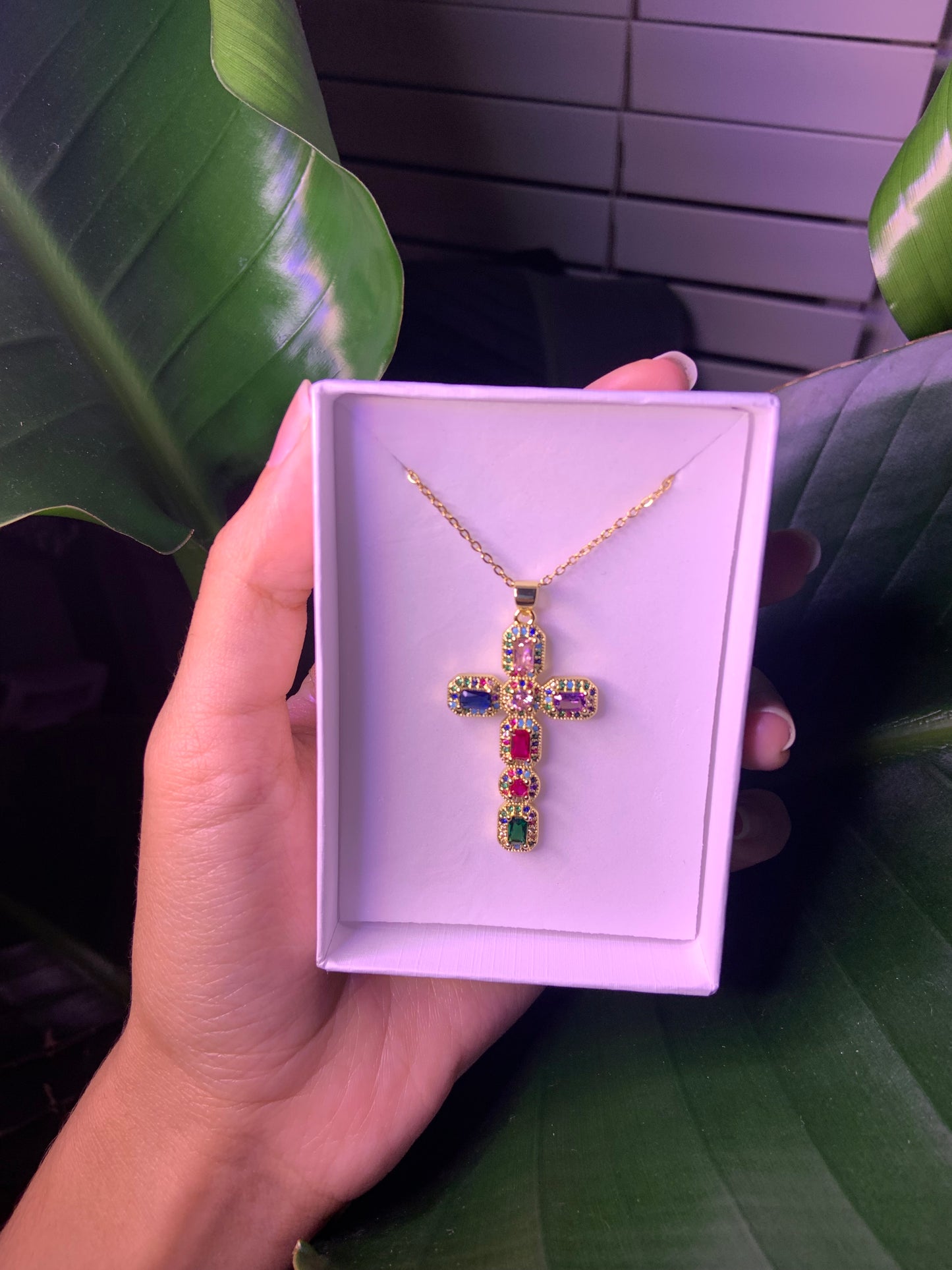 Golden Stained Glass Cross Necklace