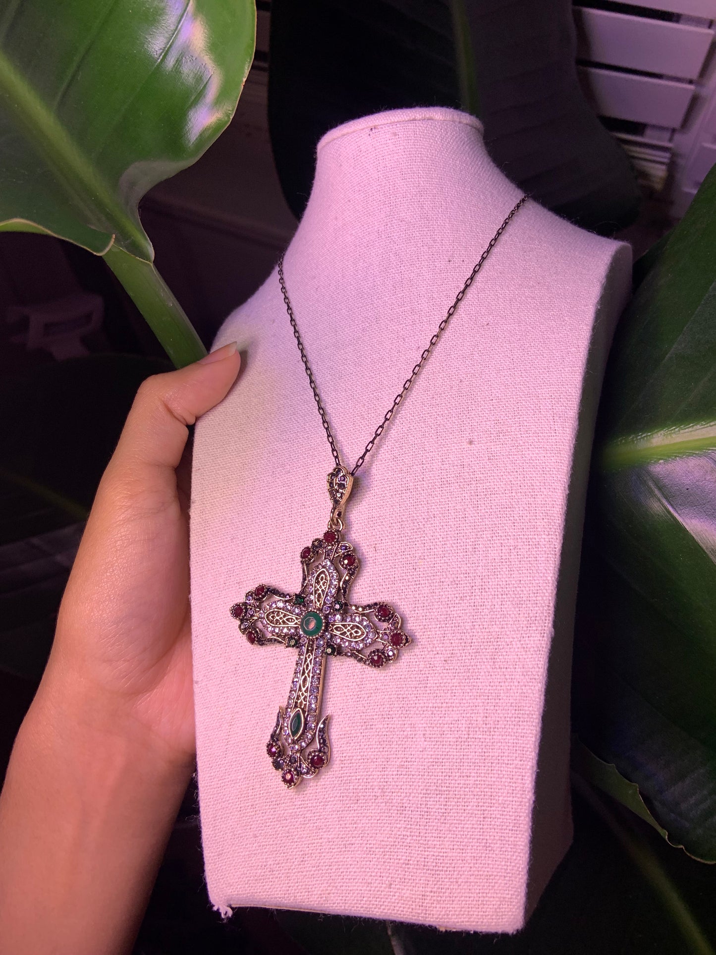 Royal Vintage Cross Necklace with Green & Red Accents