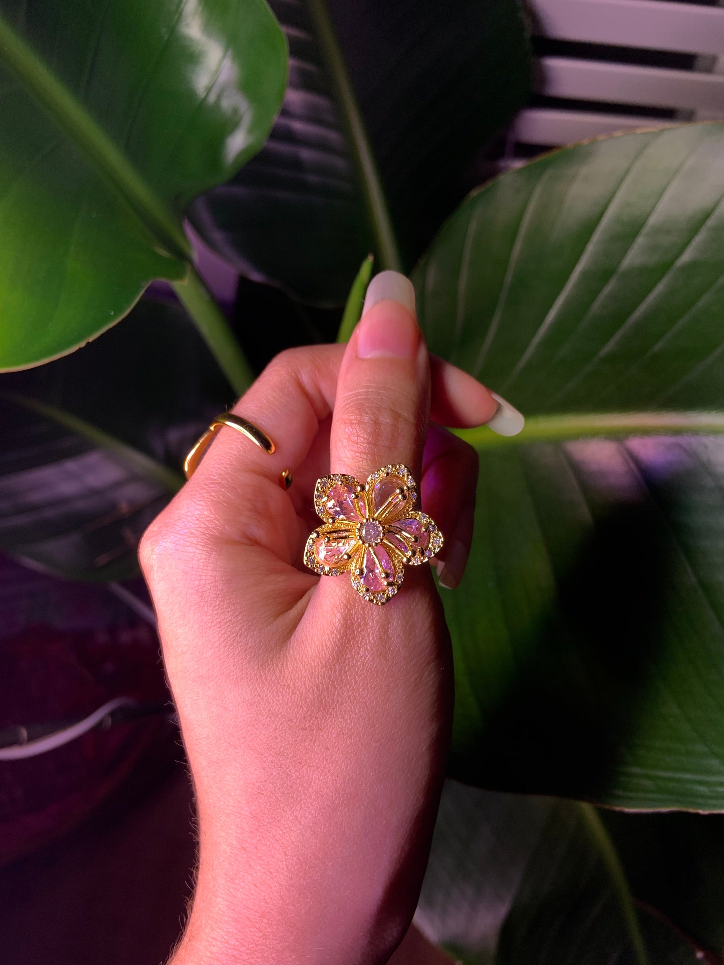 Large pink and gold flower ring
