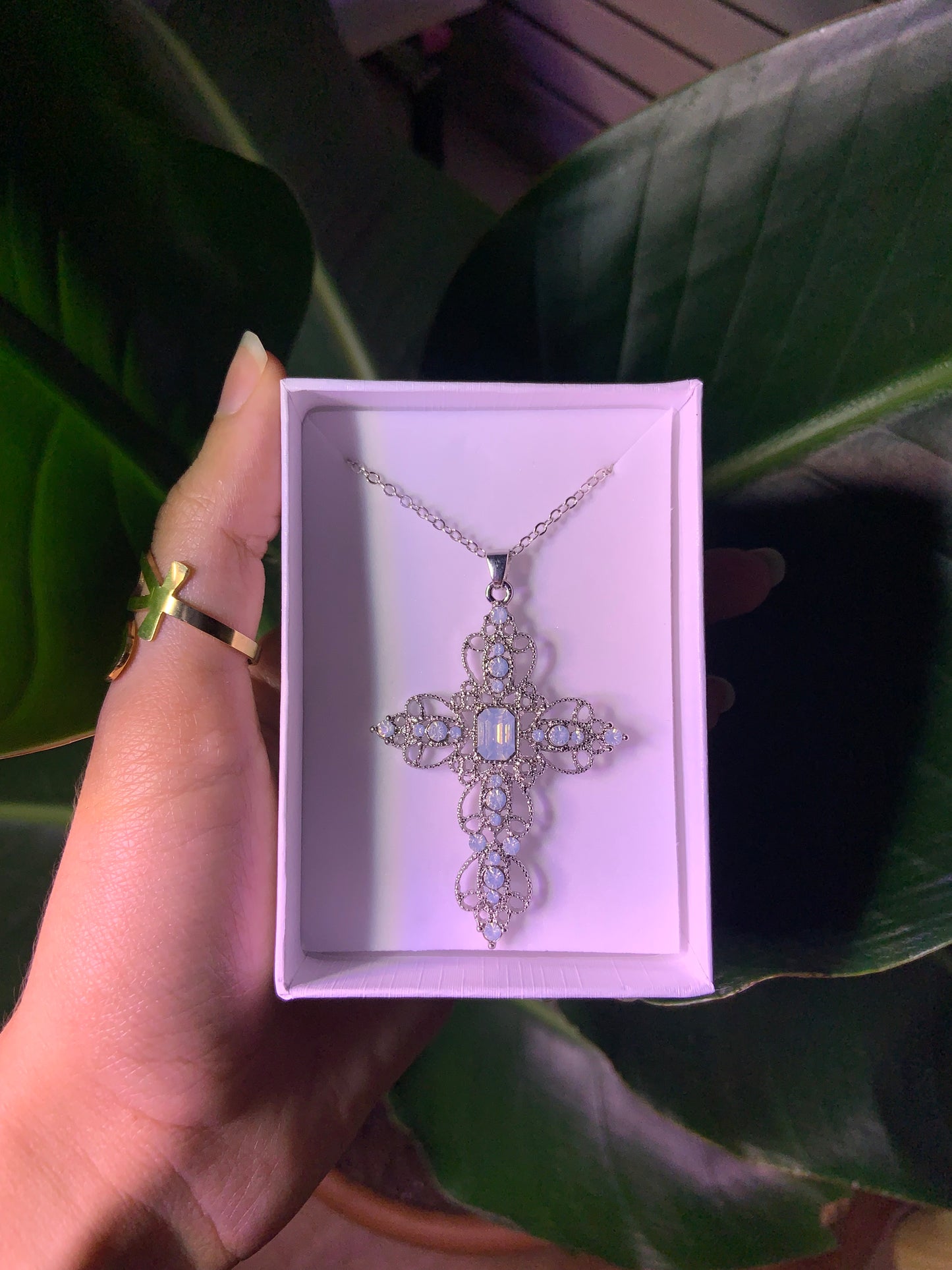 Detailed silver cross necklace