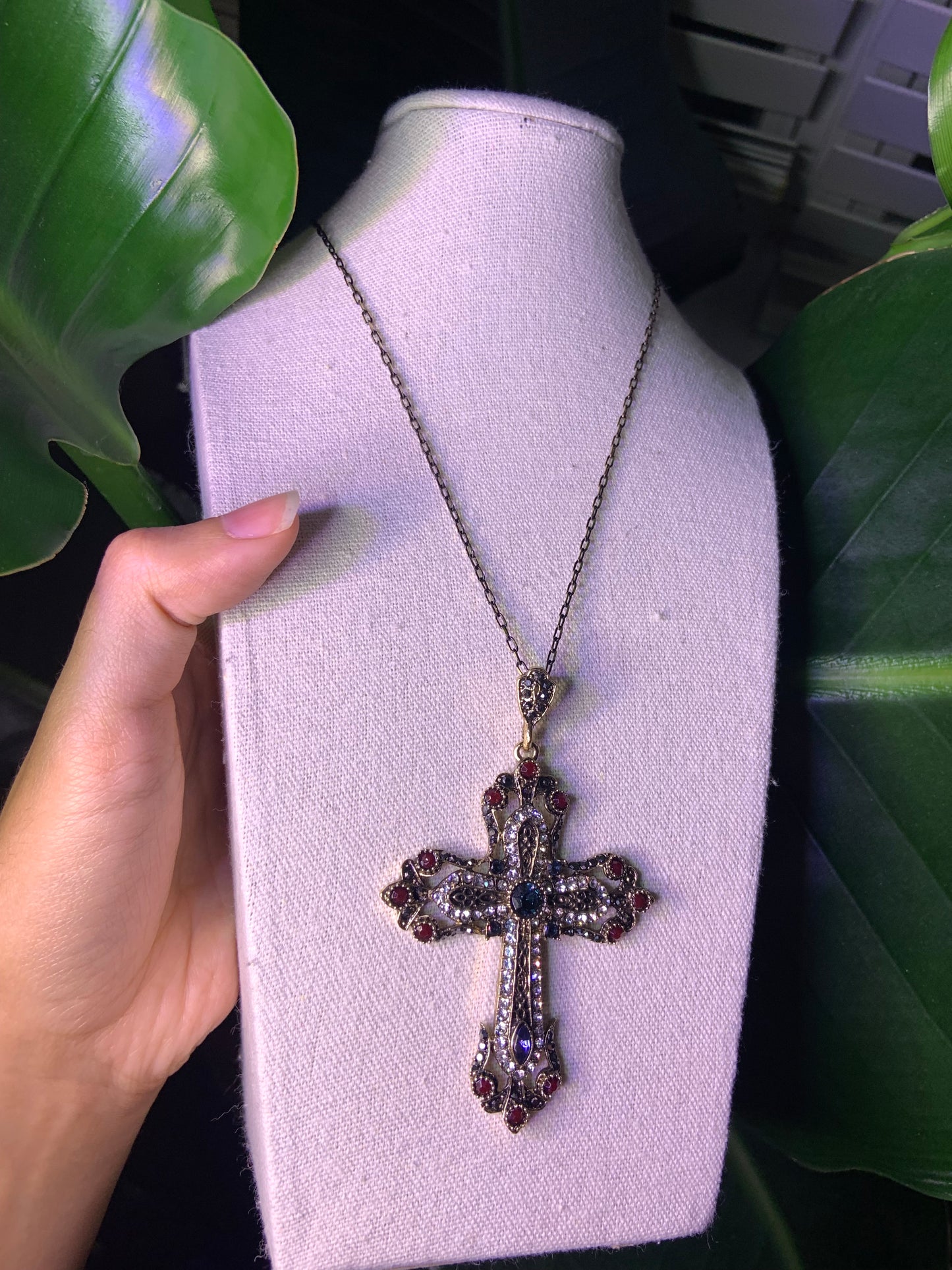 Royal Vintage Cross Necklace with Blue & Red Accents