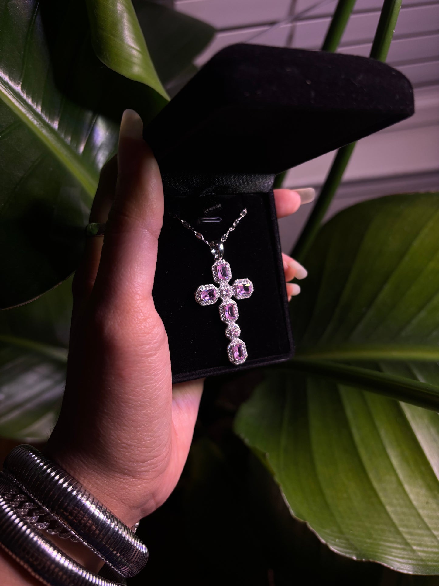 Silver & Pink Cross Necklace