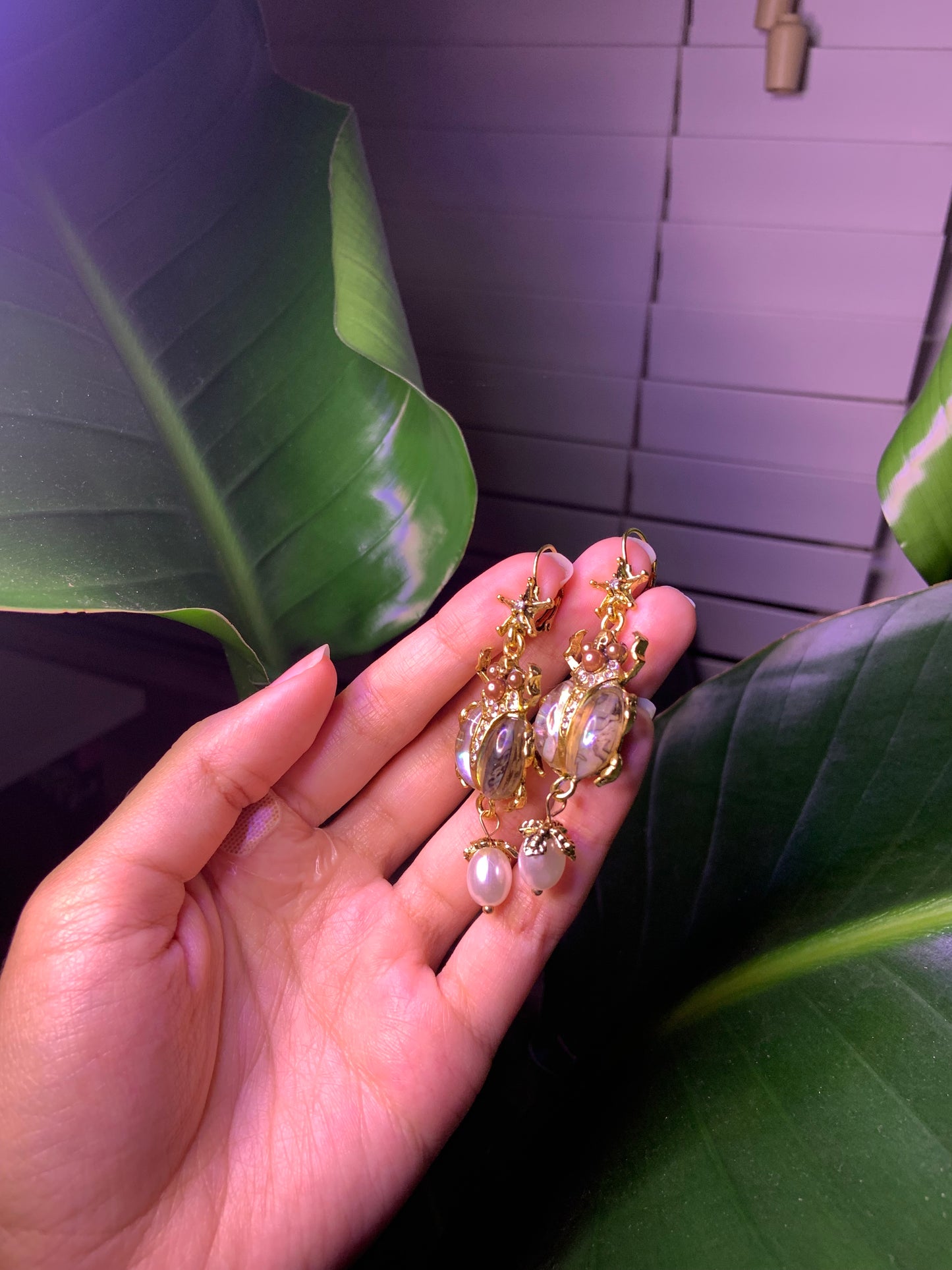 Chrome Gold Crystal Beetle Earrings