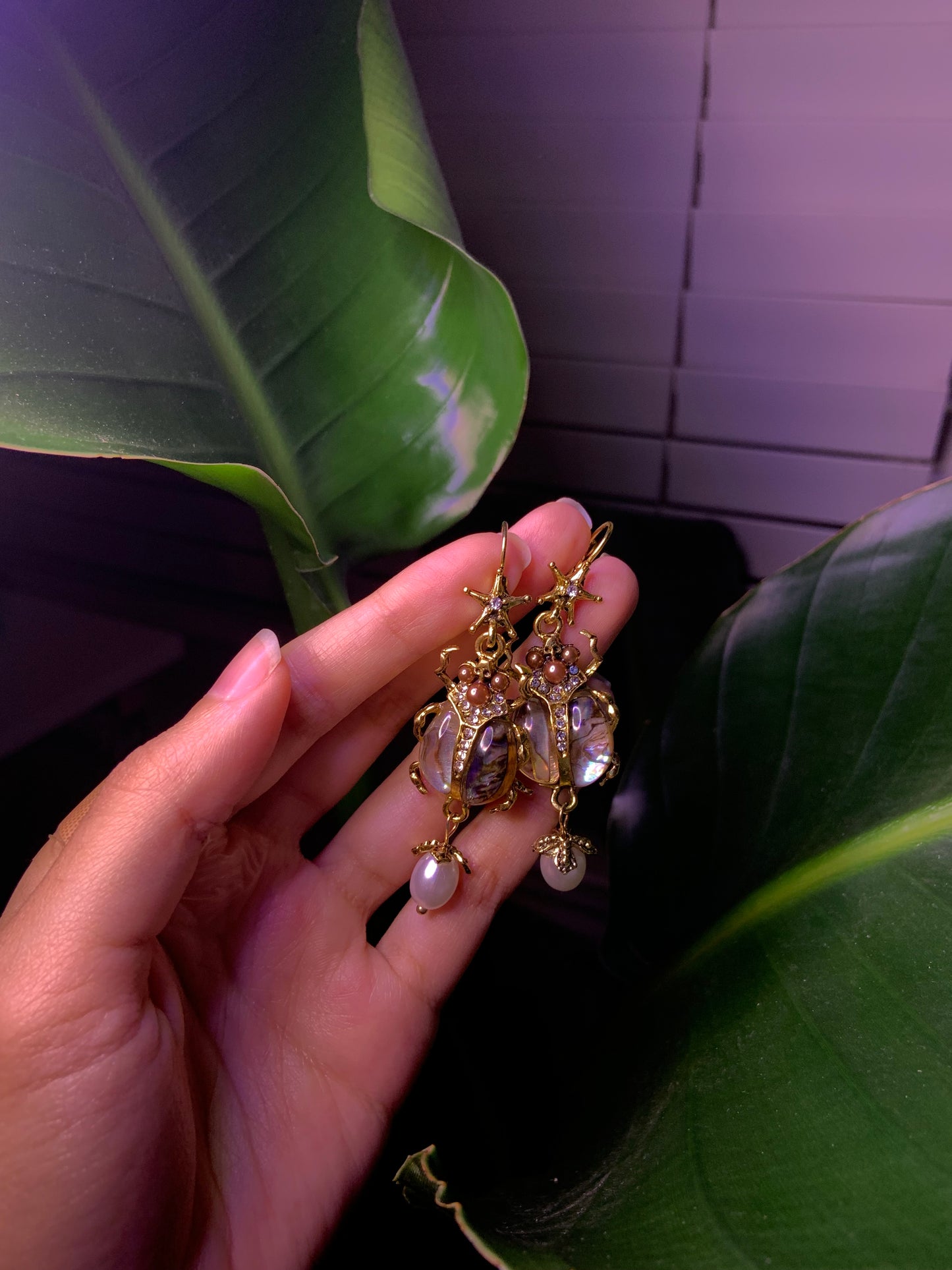 Chrome Gold Crystal Beetle Earrings