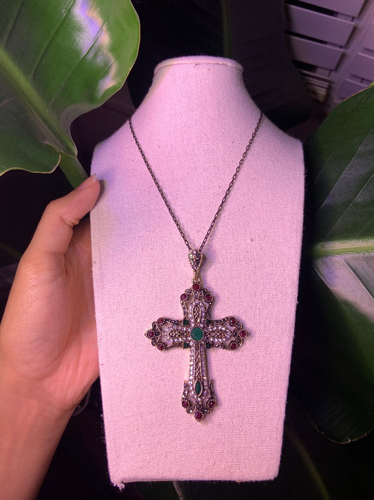 Royal Vintage Cross Necklace with Green & Red Accents