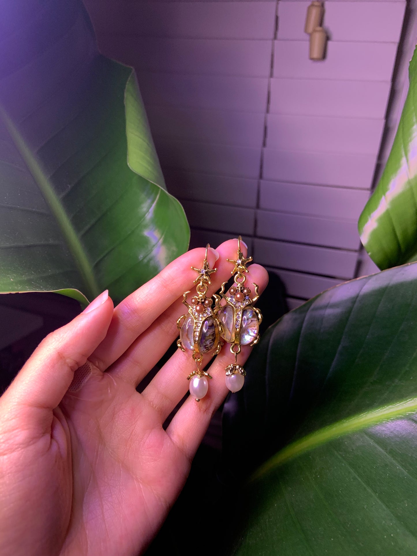 Chrome Gold Crystal Beetle Earrings