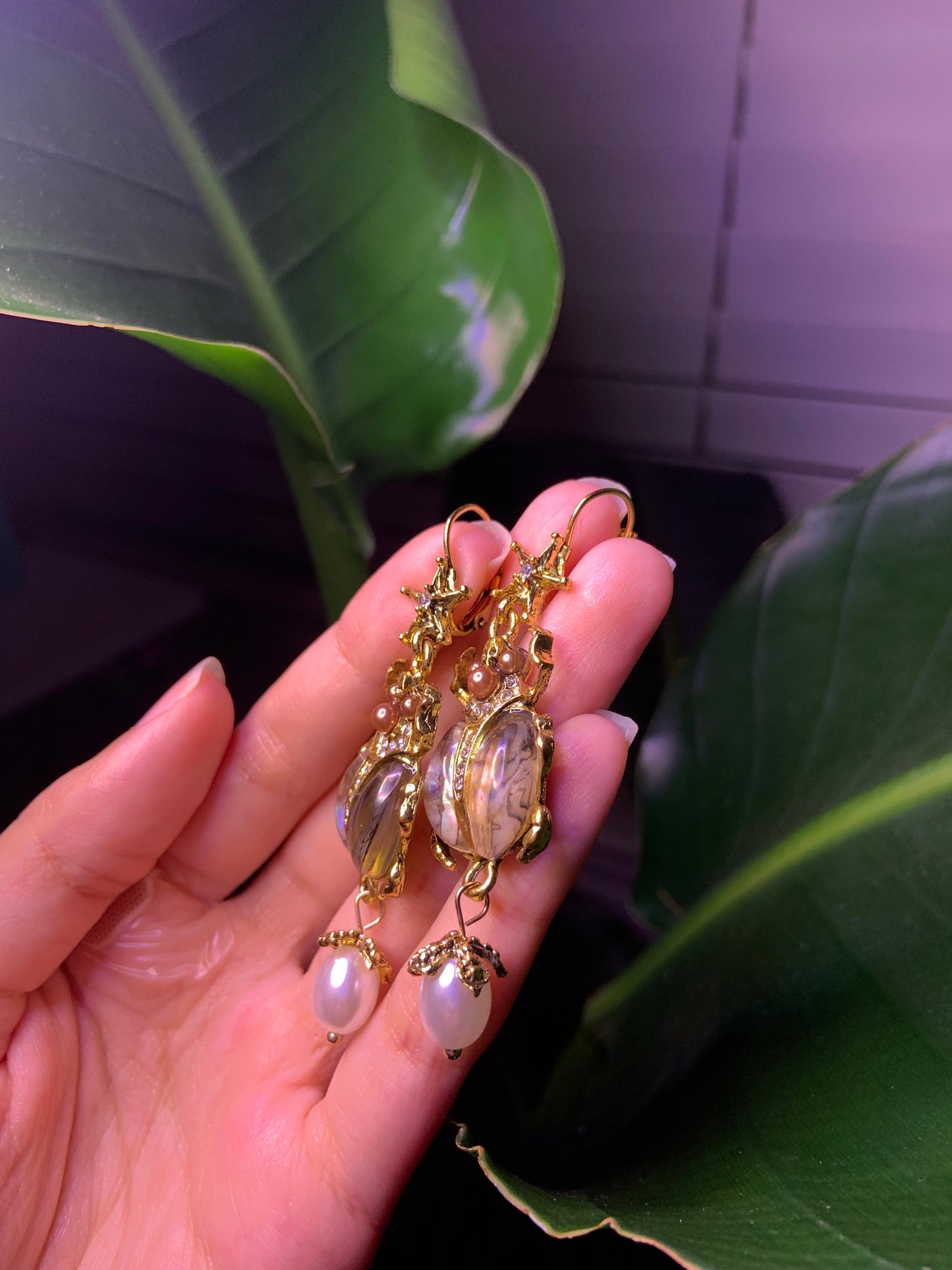 Chrome Gold Crystal Beetle Earrings